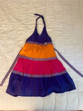 Basic Editions Colorblock Halter Dress in Purple, Orange, and Pink Floral Tie